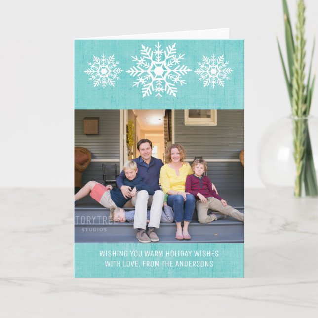 Aqua Rustic Snowflake Holiday Photo Card (Front)