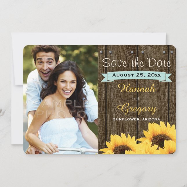 AQUA RUSTIC SUNFLOWER SAVE THE DATE CARD (Front)