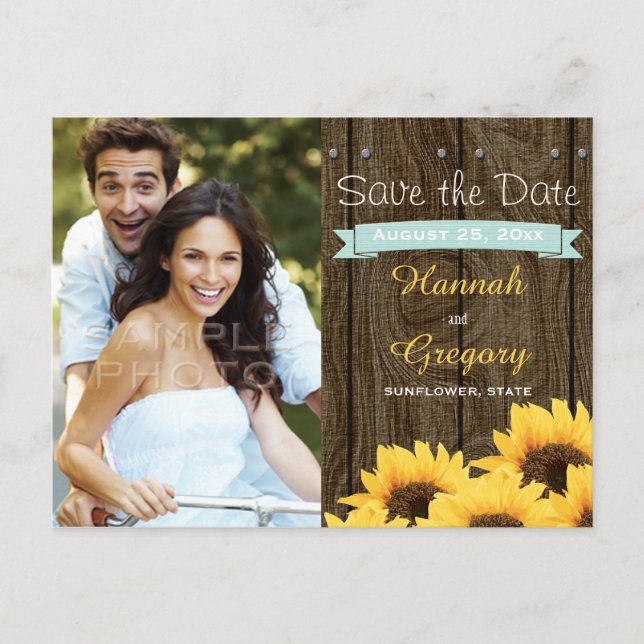 AQUA RUSTIC SUNFLOWER SAVE THE DATE POSTCARD (Front)