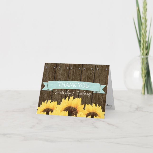 AQUA RUSTIC SUNFLOWER WEDDING THANK YOU CARD (Front)