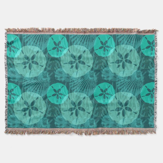 Aqua Sand Dollars Seashells Pattern on Dark Green Throw Blanket (Front)