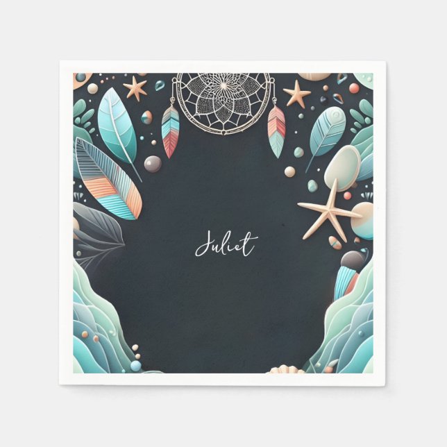 Aqua Sand Work Stacked Sea Glass Bridal Shower Napkin (Front)