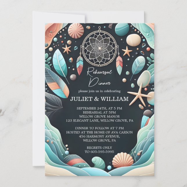 Aqua Sand Work Stacked Sea Glass Rehearsal Dinner Invitation (Front)