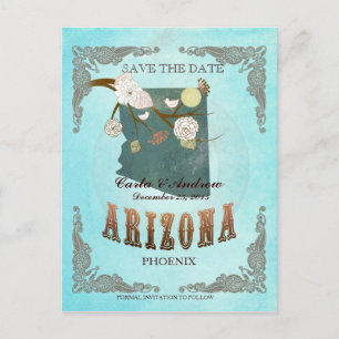 Aqua Save The Date - Arizona Map With Lovely Birds Announcement Postcard