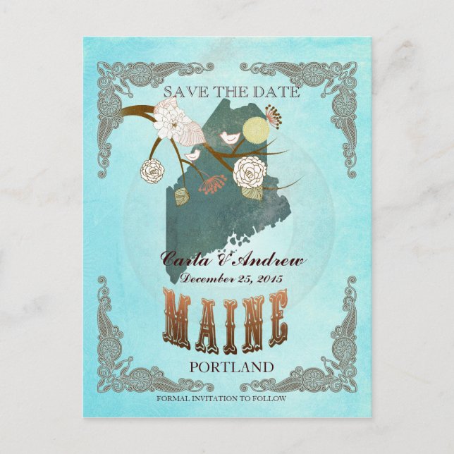 Aqua Save The Date - Maine Map With Lovely Birds Announcement Postcard (Front)