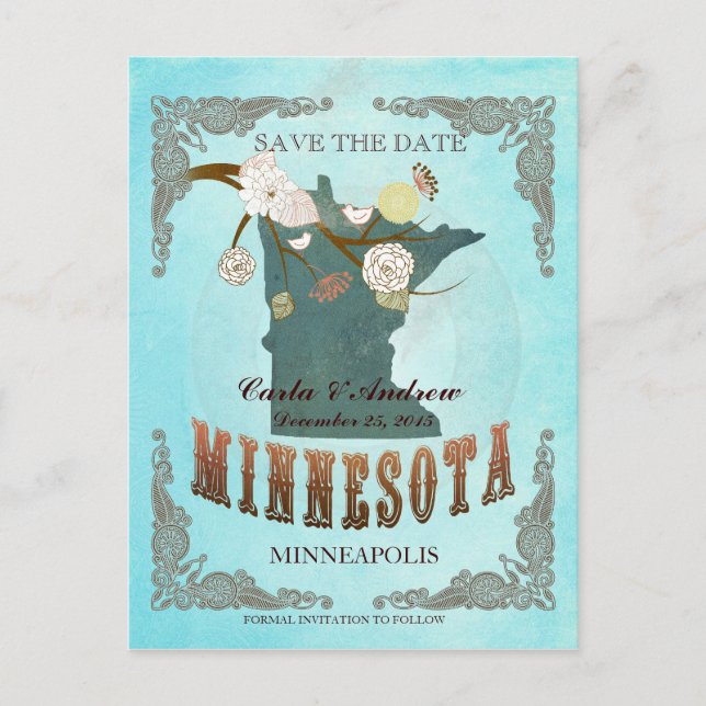 Aqua Save The Date - MN Map With Lovely Birds Announcement Postcard (Front)