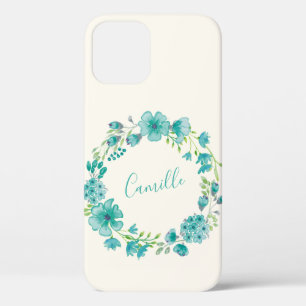 Aqua Sea Green Floral Wreath Personalised iPhone 12 Case