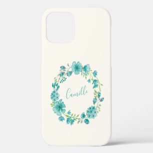Aqua Sea Green Floral Wreath Personalised iPhone 12 Case