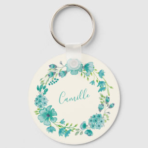 Aqua Sea Green Floral Wreath Personalised Key Ring