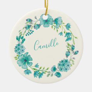 Aqua Sea Green Floral Wreath Personalized   Ceramic Tree Decoration