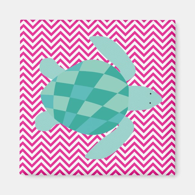 Aqua Sea Turtle on Pink Chevron Stripe Magnet (Front)