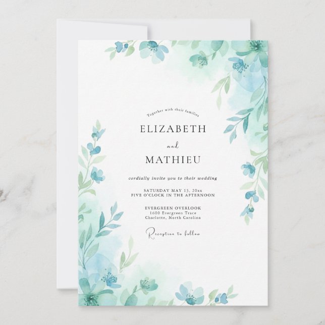 Aqua Seafoam Leaf Wedding Invitation (Front)