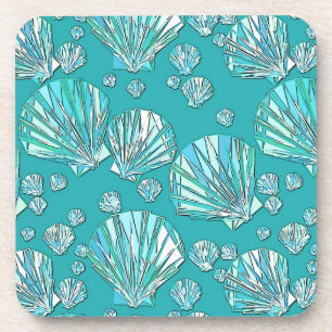 Aqua, seafoam sea shells, turquoise background coaster