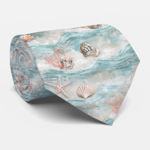 Aqua Seaside Coral Beach Pattern Tie
