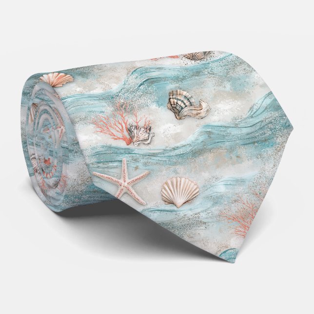 Aqua Seaside Coral Beach Pattern Tie (Rolled)
