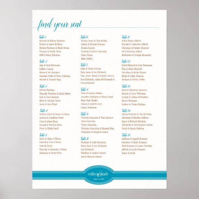 Aqua Seating Chart, Caroline Wedding Collection Poster (Front)