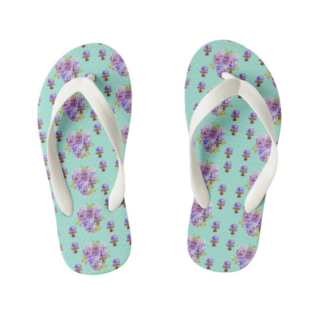 Aqua Shabby Chic Pansy floral Flowers Beach Thongs (Footbed)