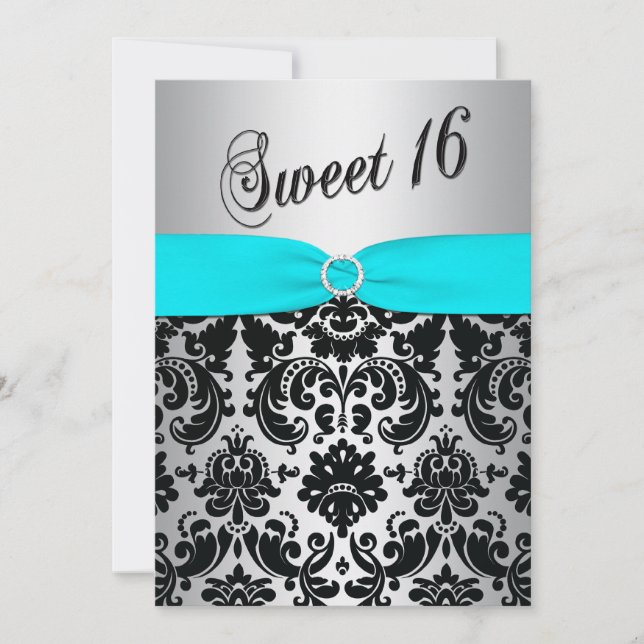 Aqua, Silver, and Black Damask Sweet 16 Invitation (Front)
