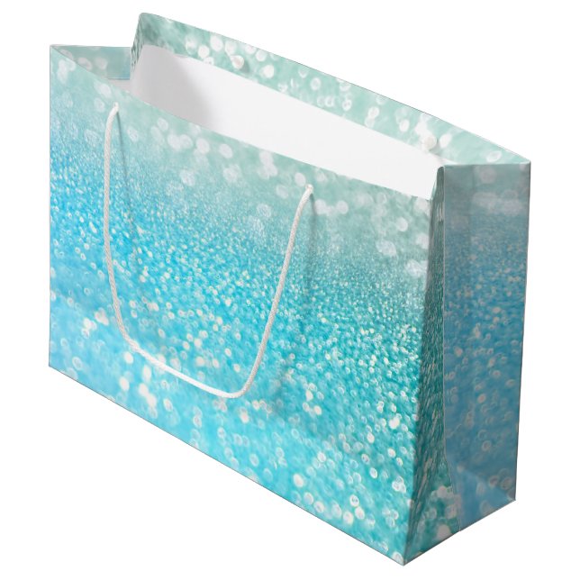 Aqua Silver Beach Blue Summer Glitter Gradient Large Gift Bag (Front Angled)