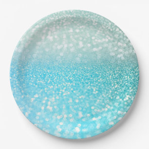 Aqua Silver Beach Blue Summer Glitter Gradient Paper Plate