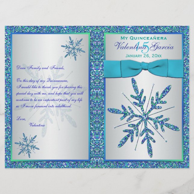 Aqua Silver Blue Snowflakes Quinceañera Program (Front)