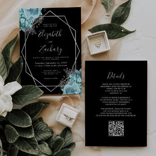 Aqua Silver Floral Black QR Code Wedding Invitation