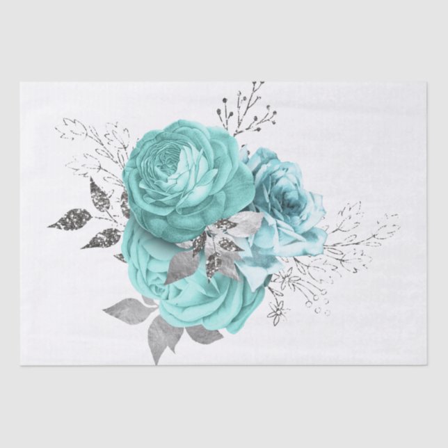Aqua Silver Floral Bouquet Watercolor Decoupage Tissue Paper (Front)