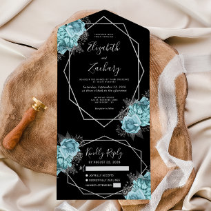 Aqua Silver Floral Geometric Black Wedding All In One Invitation