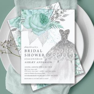 Aqua & Silver Floral Wedding Dress Bridal Shower Invitation