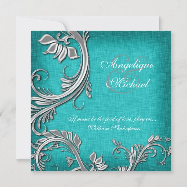 Aqua silver floral wedding engagement invitation (Front)