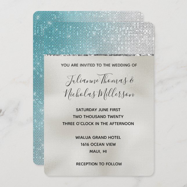 Aqua Silver Glam Glitz Pearl Wedding  Invitation (Front/Back)