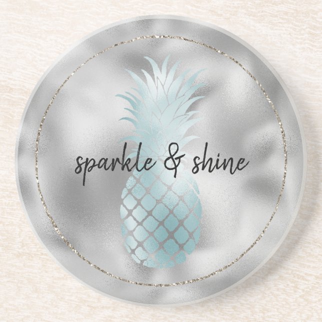 Aqua Silver Glam Glitz Pineapple Coaster (Front)
