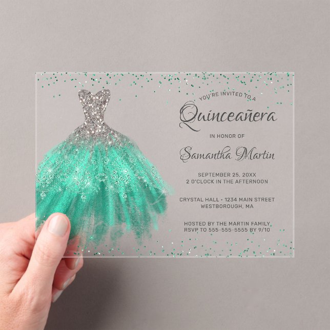 Aqua Silver Glitter Dress Script Quinceañera Party Acrylic Invitations (Insitu (Handheld))