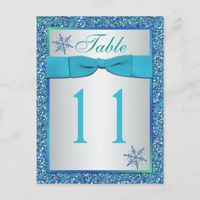 Aqua Silver Green Snowflakes Table Number Card (Front)