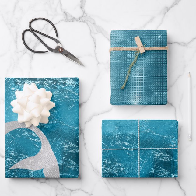 Aqua Silver Mermaid Wrapping Paper Sheet (Front)
