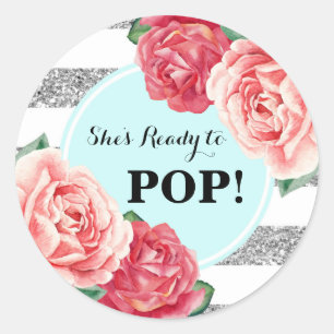 Aqua Silver Pink Floral Baby Shower Ready to Pop Classic Round Sticker