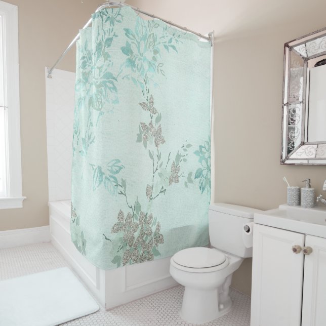 AQUA SILVER SPRING FLORAL PATTERN SHOWER CURTAIN (In Situ)