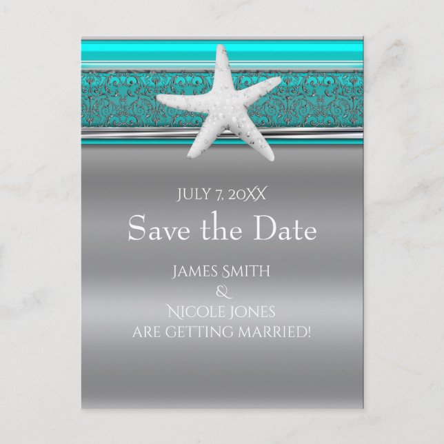 Aqua & Silver Starfish Beach Save the Date Announcement Postcard (Front)