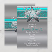 Aqua & Silver Starfish Beach Sweet 16 Invitations
