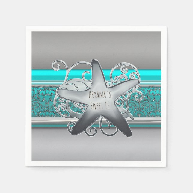 Aqua & Silver Starfish Elegant Beach Party Napkin (Front)