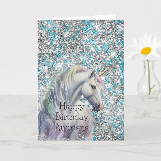 Aqua Silver Unicorn Glitter Sparkle Birthday Card (Small Plant)