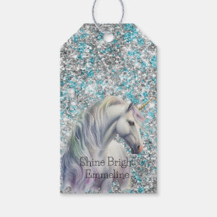 Aqua Silver Unicorn Glitter Sparkle Birthday Gift Tags