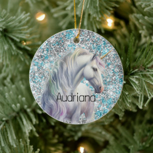 Aqua Silver Unicorn Glitter Sparkle Ceramic Tree Decoration