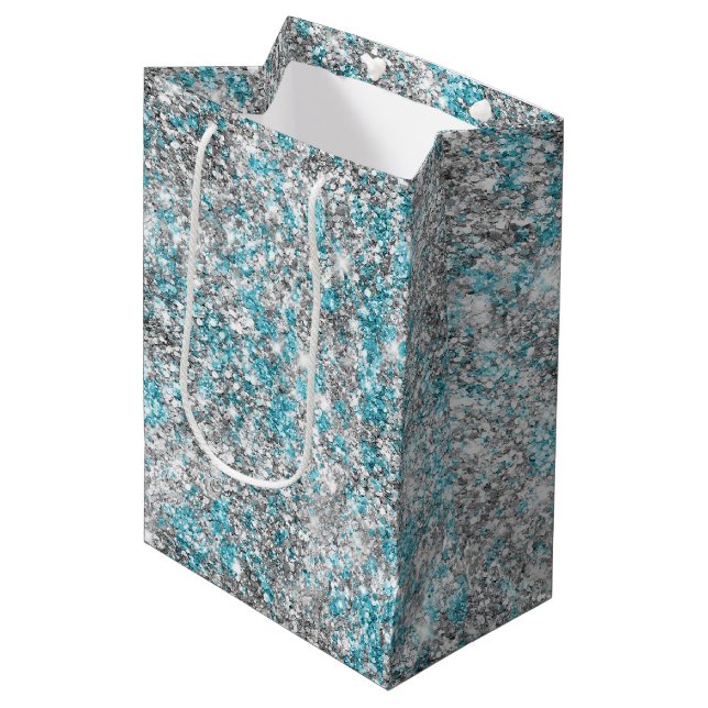 Aqua Silver Unicorn Glitter Sparkle Medium Gift Bag (Front Angled)