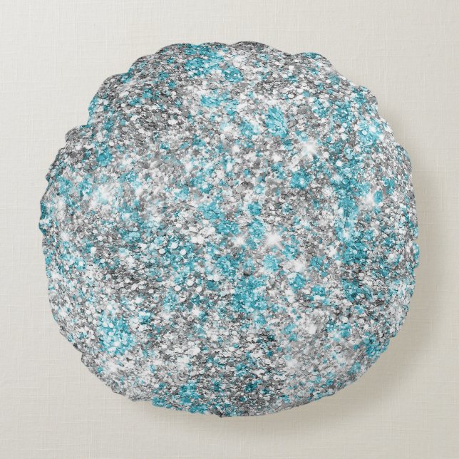 Aqua Silver Unicorn Glitter Sparkle  Round Cushion (Front)