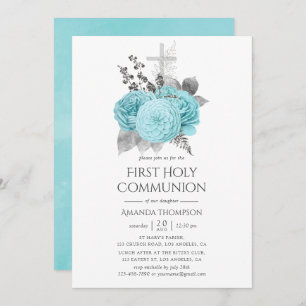 Aqua & Silver Vintage Shabby Roses Holy Communion Invitation
