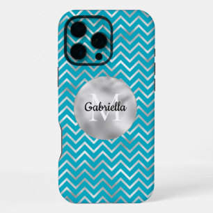 Aqua Silver Zigzag Stripes Monogram iPhone 16 Pro Max Case