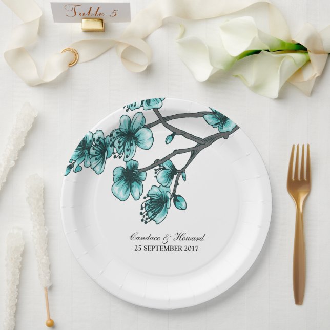 Aqua Simple Cherry Blossoms Paper Plates (Wedding)
