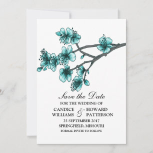Aqua Simple Cherry Blossoms Save the Date Invite