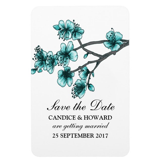 Aqua Simple Cherry Blossoms Save the Date Magnet (Vertical)